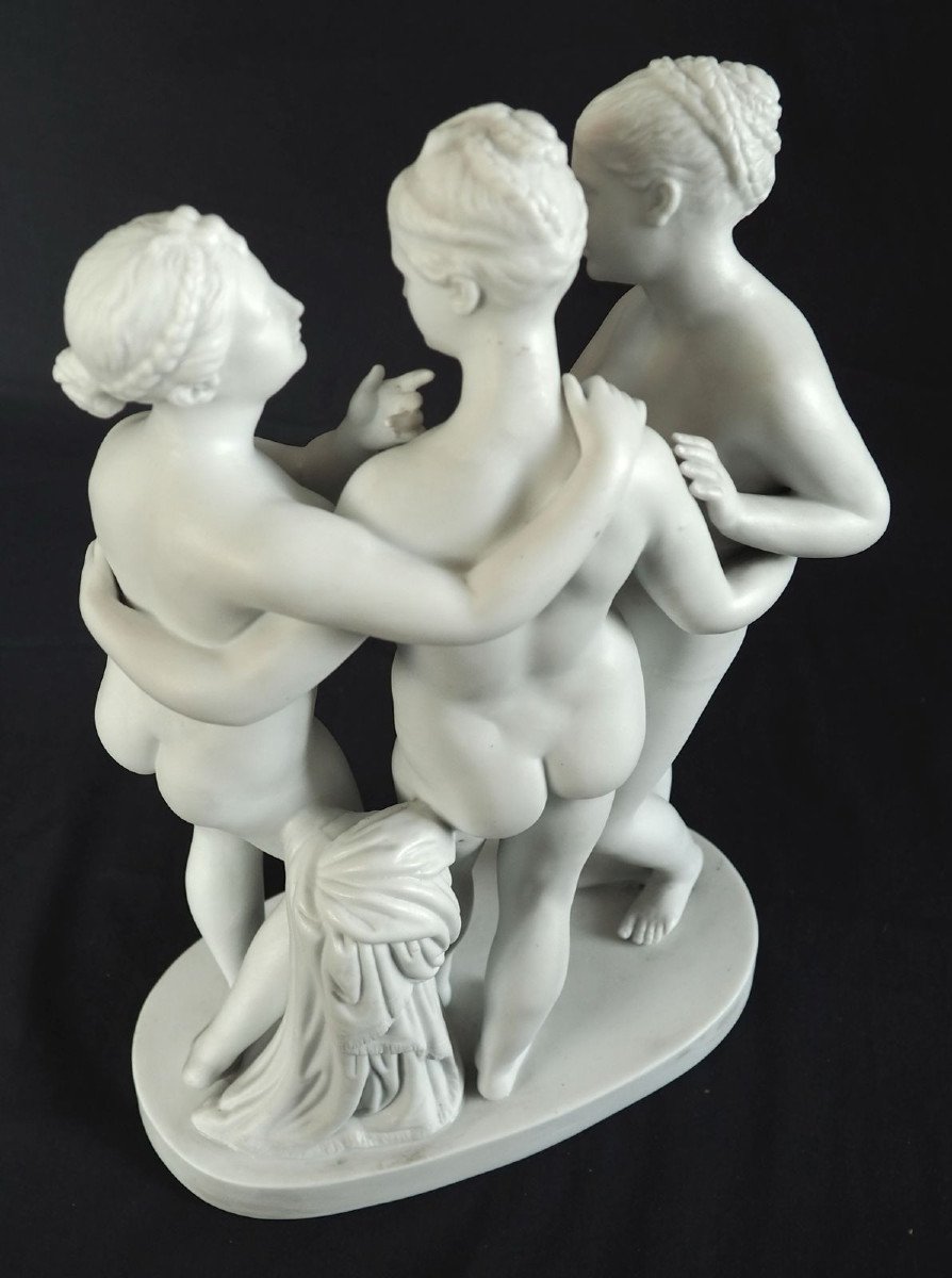 The 3 Graces, Large Mythological Subject In Biscuit Porcelain From The 19th Century 36.3cm-photo-5