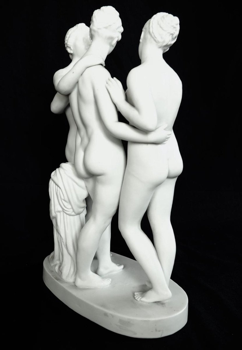 The 3 Graces, Large Mythological Subject In Biscuit Porcelain From The 19th Century 36.3cm-photo-6