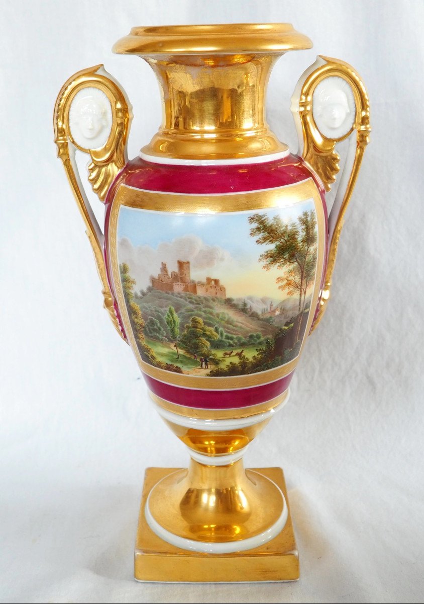   Paire De Vases En Porcelaine De Paris Dor&eacute;e Et Polychrome, &eacute;poque Restauration 32,5cm-photo-3