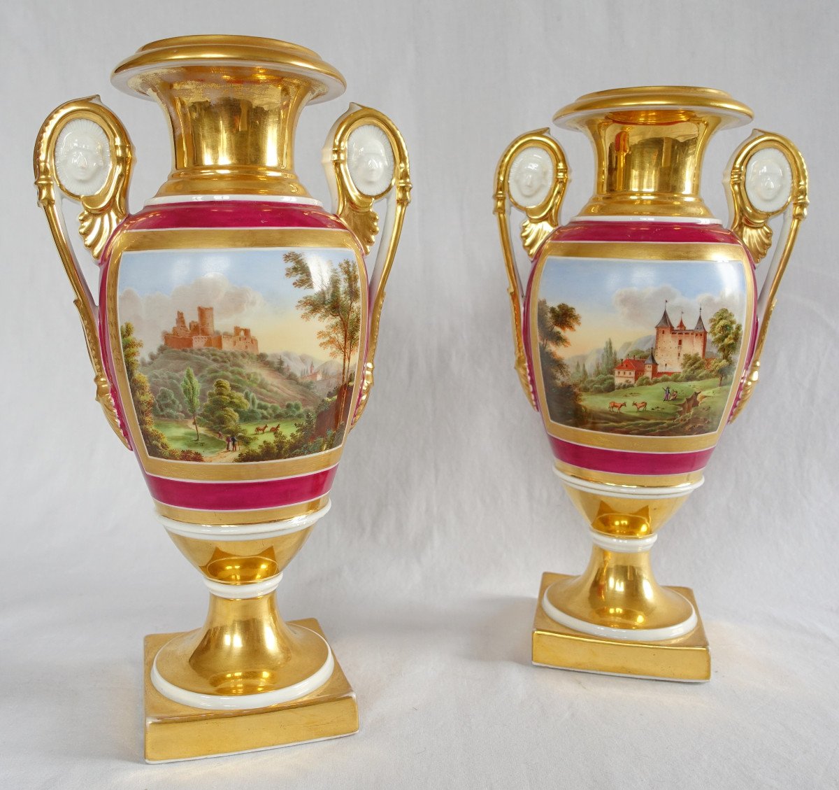   Paire De Vases En Porcelaine De Paris Dor&eacute;e Et Polychrome, &eacute;poque Restauration 32,5cm-photo-2