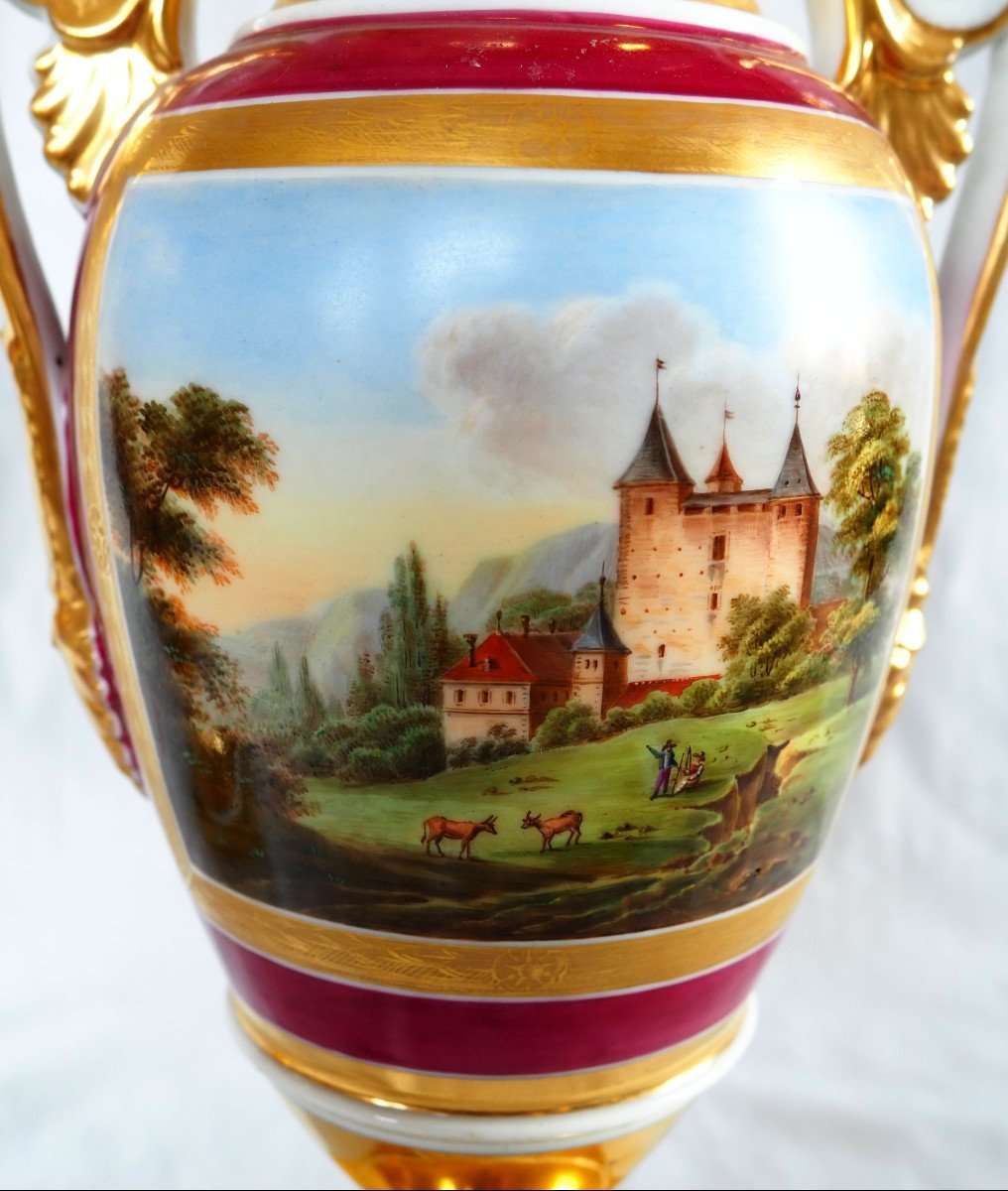   Paire De Vases En Porcelaine De Paris Dor&eacute;e Et Polychrome, &eacute;poque Restauration 32,5cm-photo-2