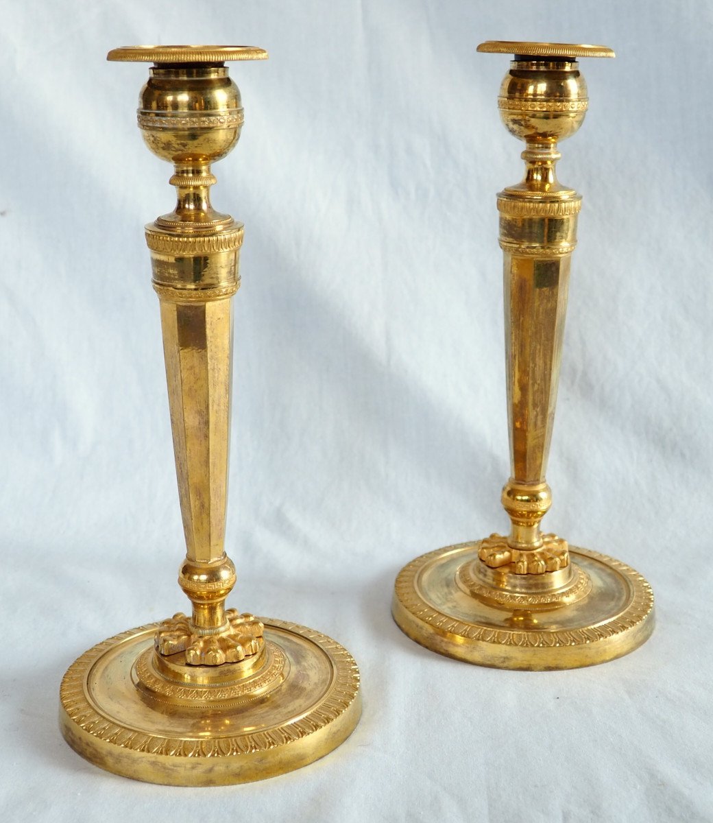 Pair Of Empire Gilt Bronze Candlesticks - Return From Egypt, Consulate Period-photo-2