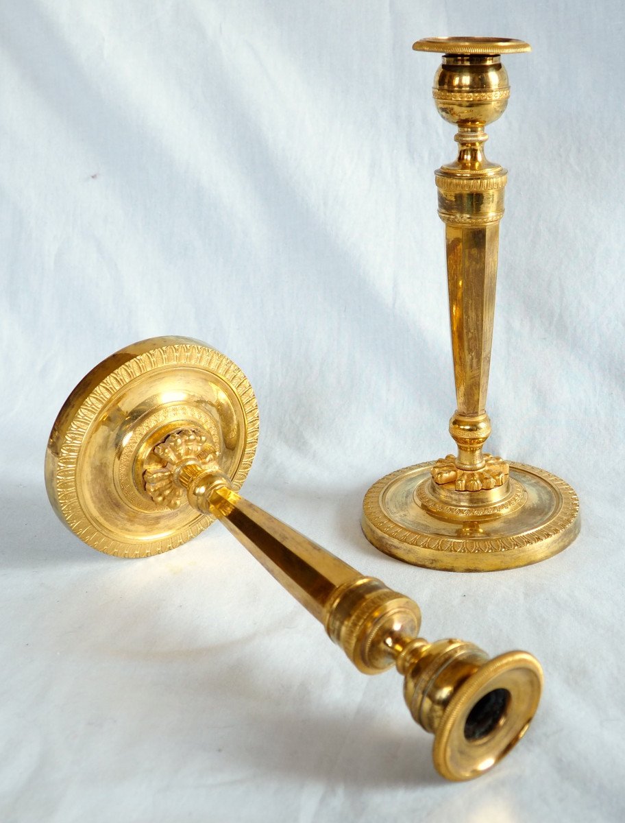 Pair Of Empire Gilt Bronze Candlesticks - Return From Egypt, Consulate Period-photo-3