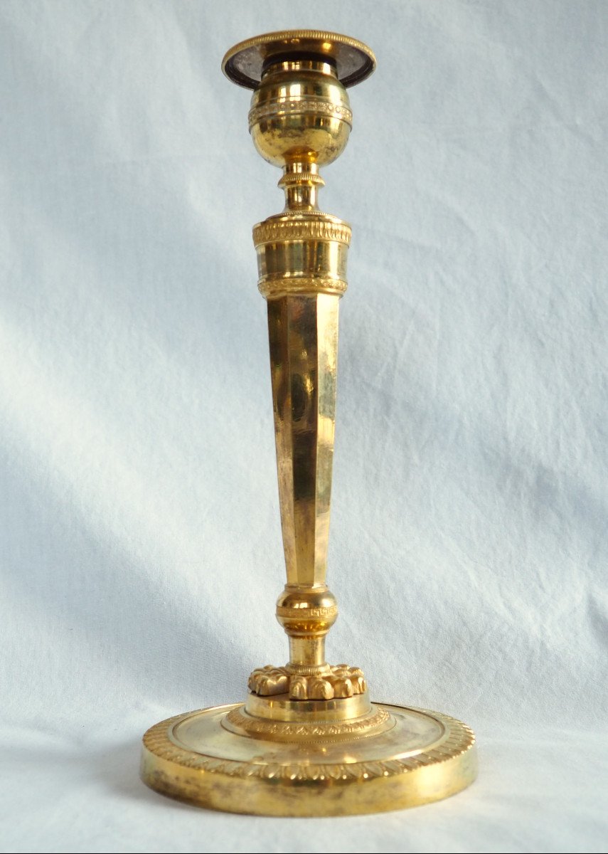 Pair Of Empire Gilt Bronze Candlesticks - Return From Egypt, Consulate Period-photo-1