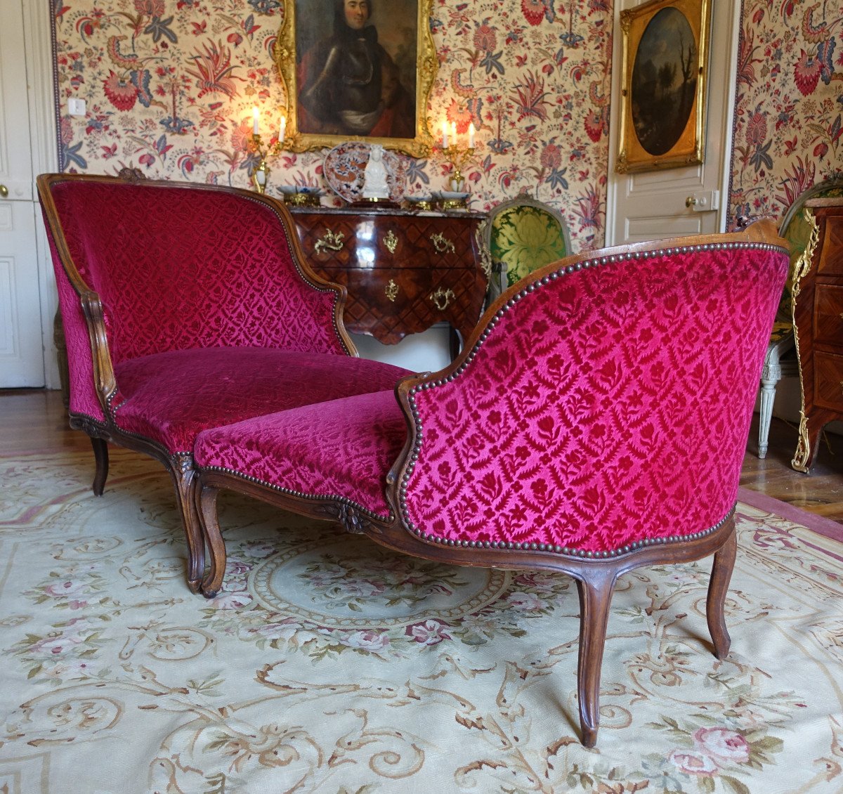 Duchesse Brisée - chaise longue d'époque Louis XV Velours Frappé Manufacture Bonvallet-photo-3