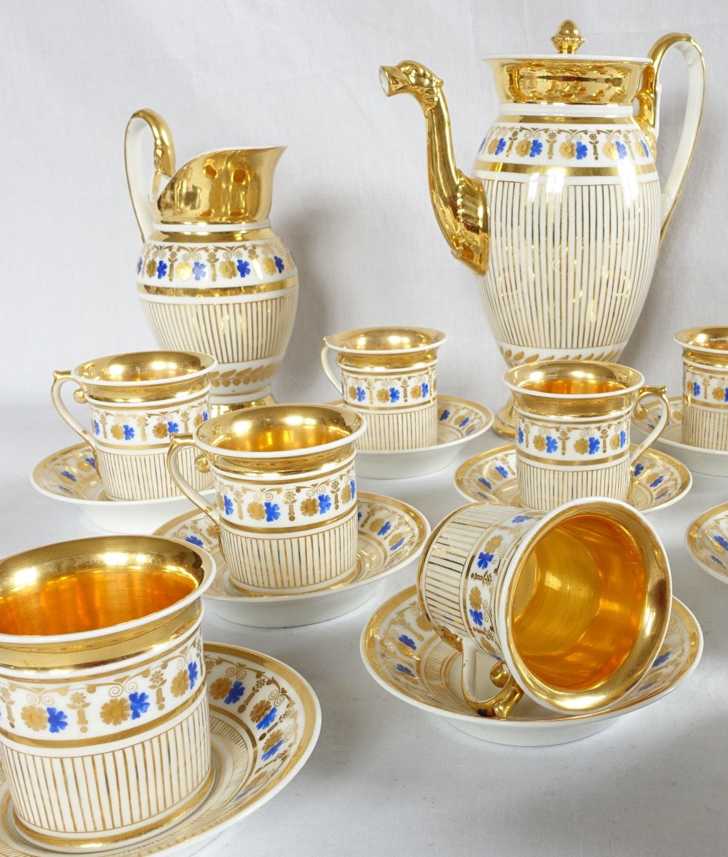 Service à Café Complet Pour 8, Porcelaine Dorée et bleu, époque Empire Restauration - 11 Pièces-photo-2