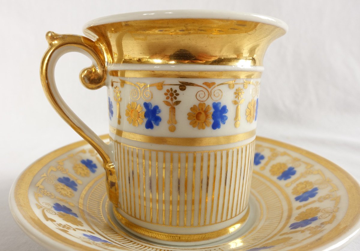 Service à Café Complet Pour 8, Porcelaine Dorée et bleu, époque Empire Restauration - 11 Pièces-photo-1