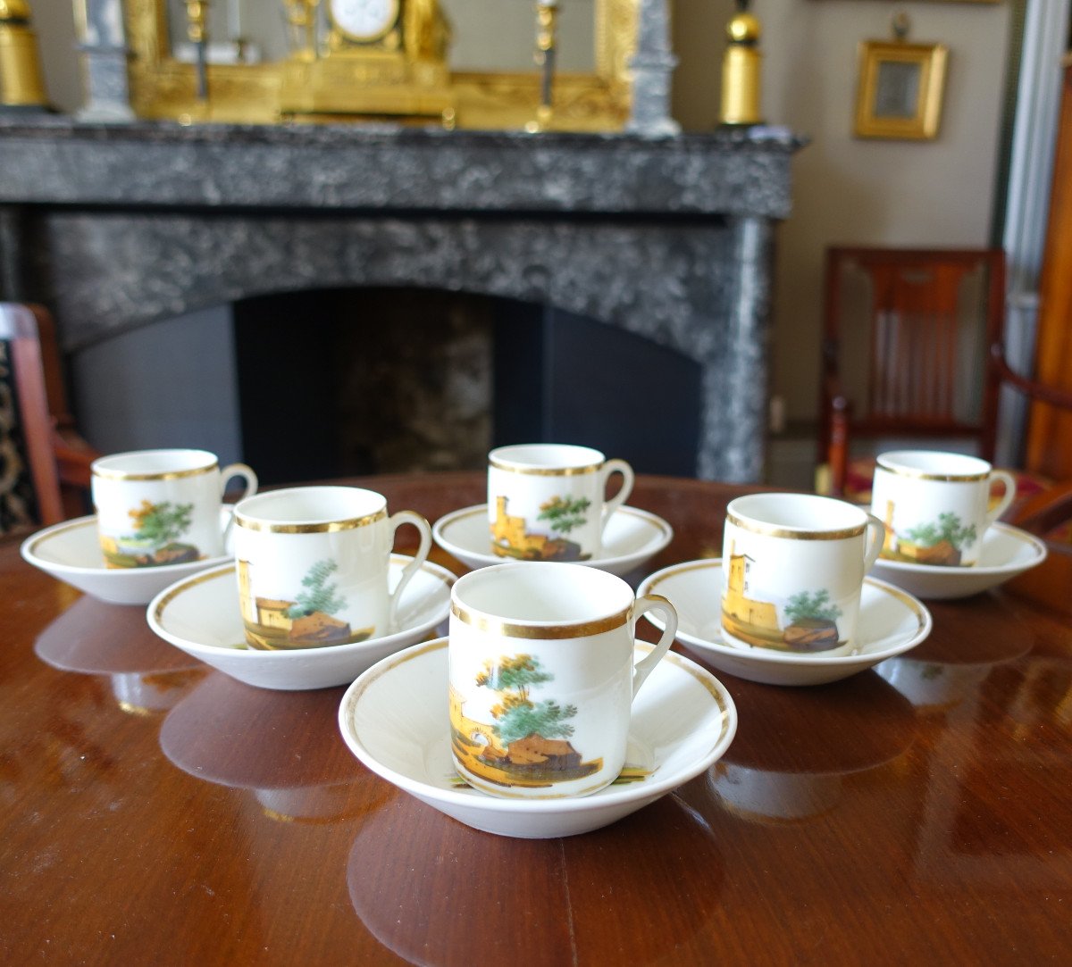 Service à Café Empire En Porcelaine De Paris Dorée à l'Or Fin Et Paysages Italiens, 6 Tasses