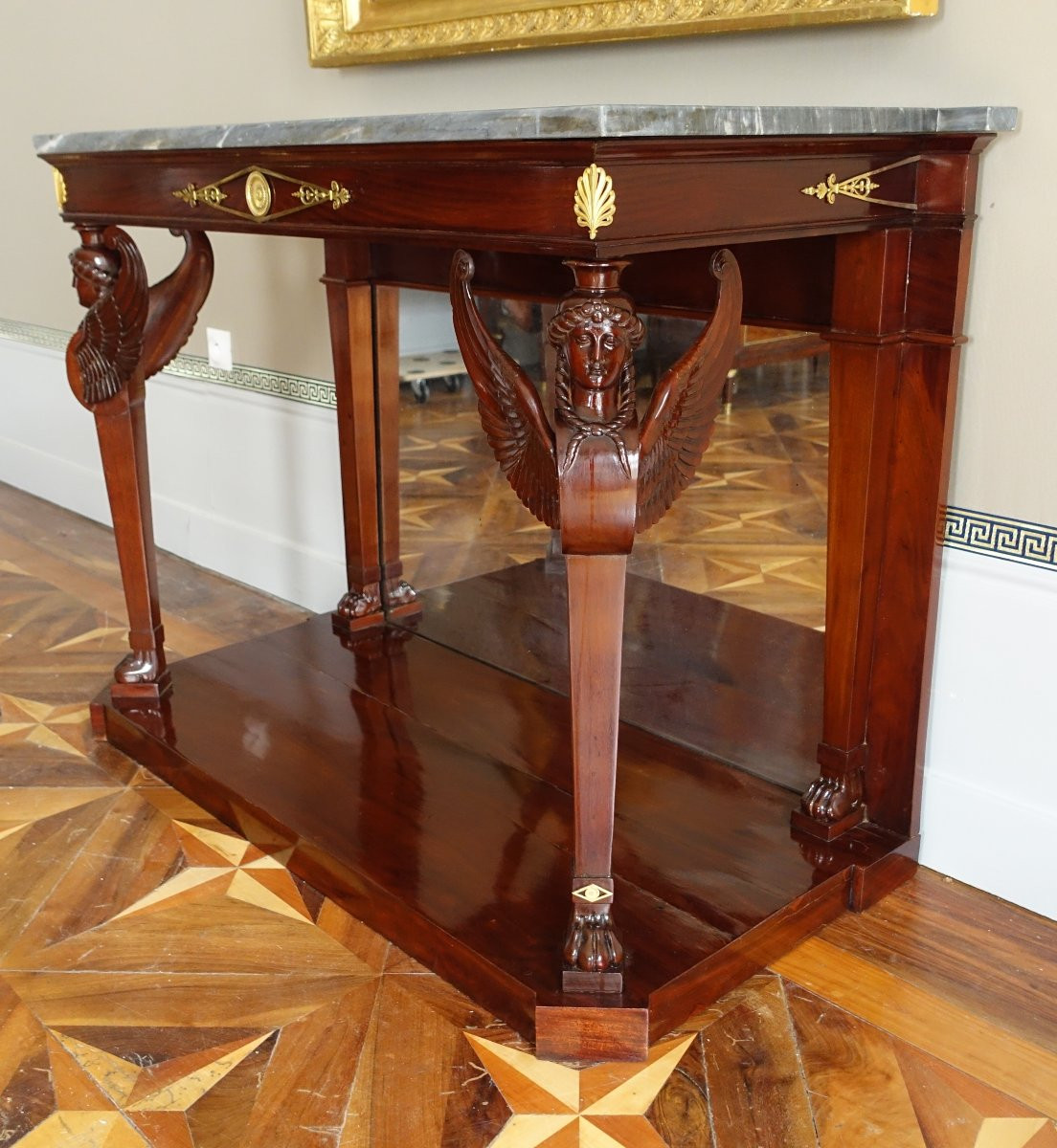   Consulate Period Console In Flamed Mahogany, Attributed To Molitor - Mercury Gilt Bronzes-photo-2