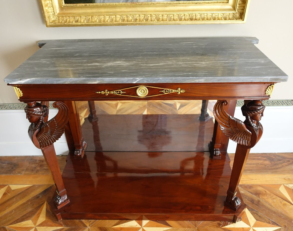   Consulate Period Console In Flamed Mahogany, Attributed To Molitor - Mercury Gilt Bronzes-photo-3