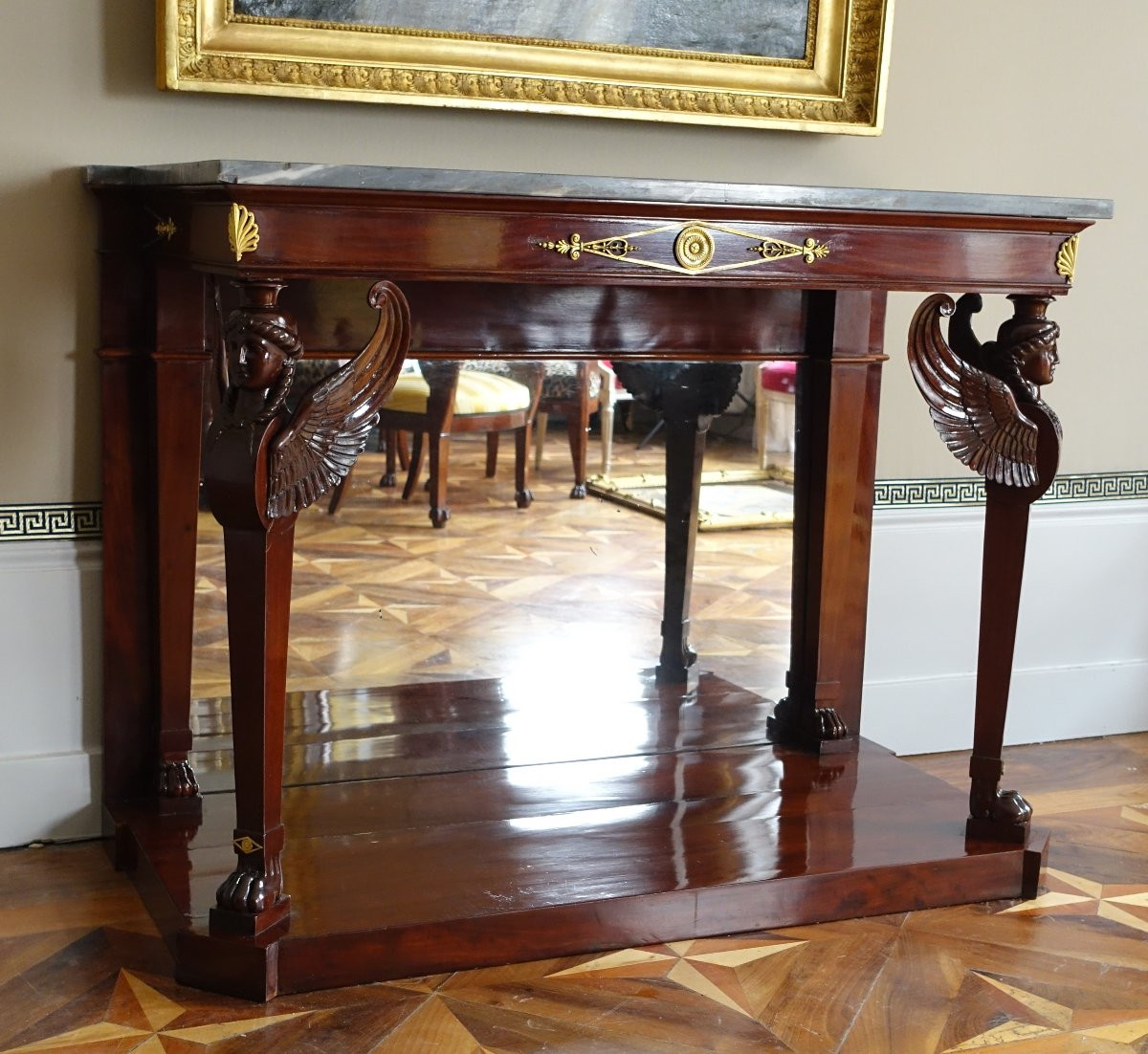   Console d'époque Consulat En Acajou Flammé, Attribuée à Molitor - Bronzes Dorés Au Mercure-photo-4