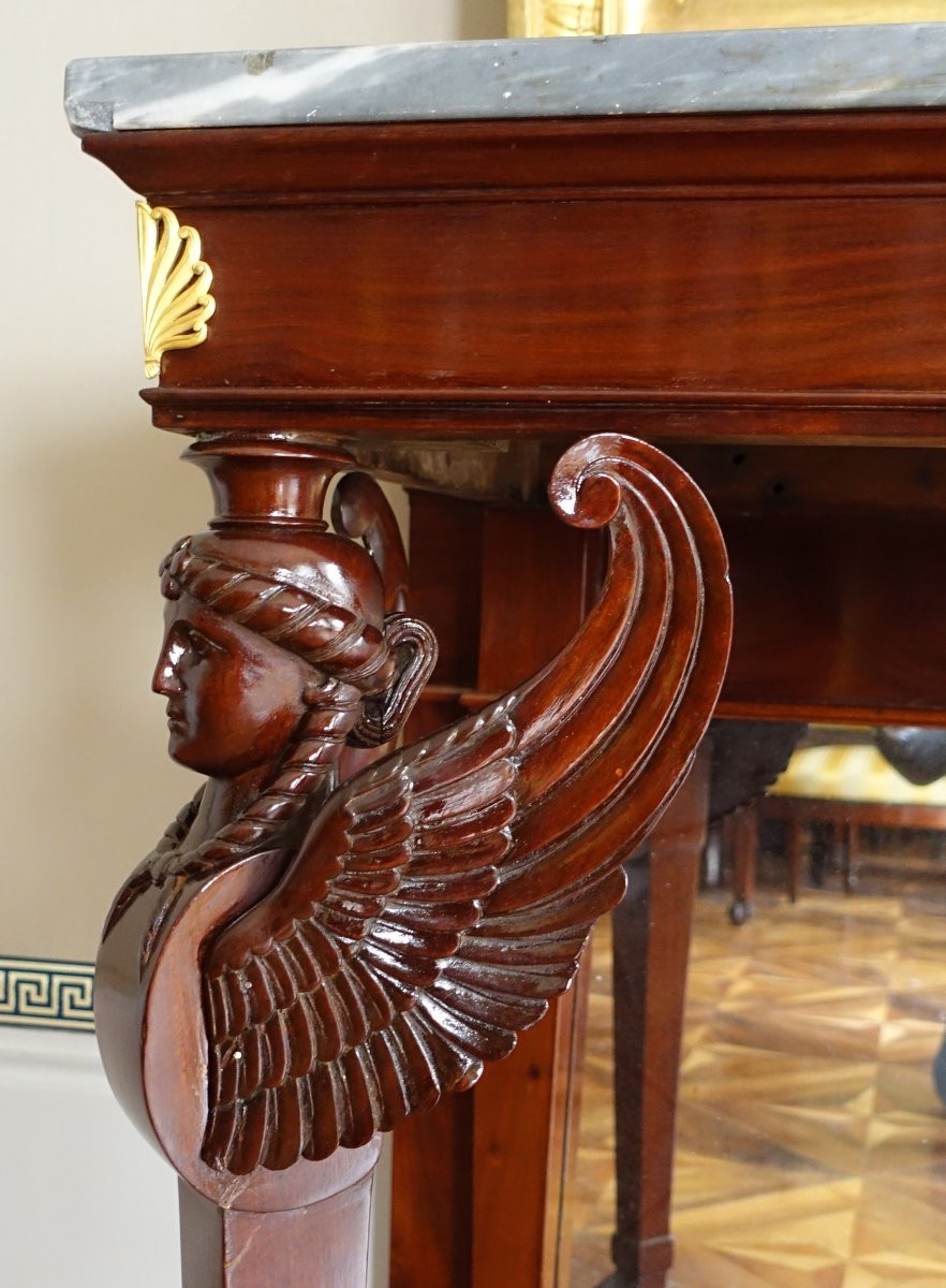   Consulate Period Console In Flamed Mahogany, Attributed To Molitor - Mercury Gilt Bronzes-photo-2