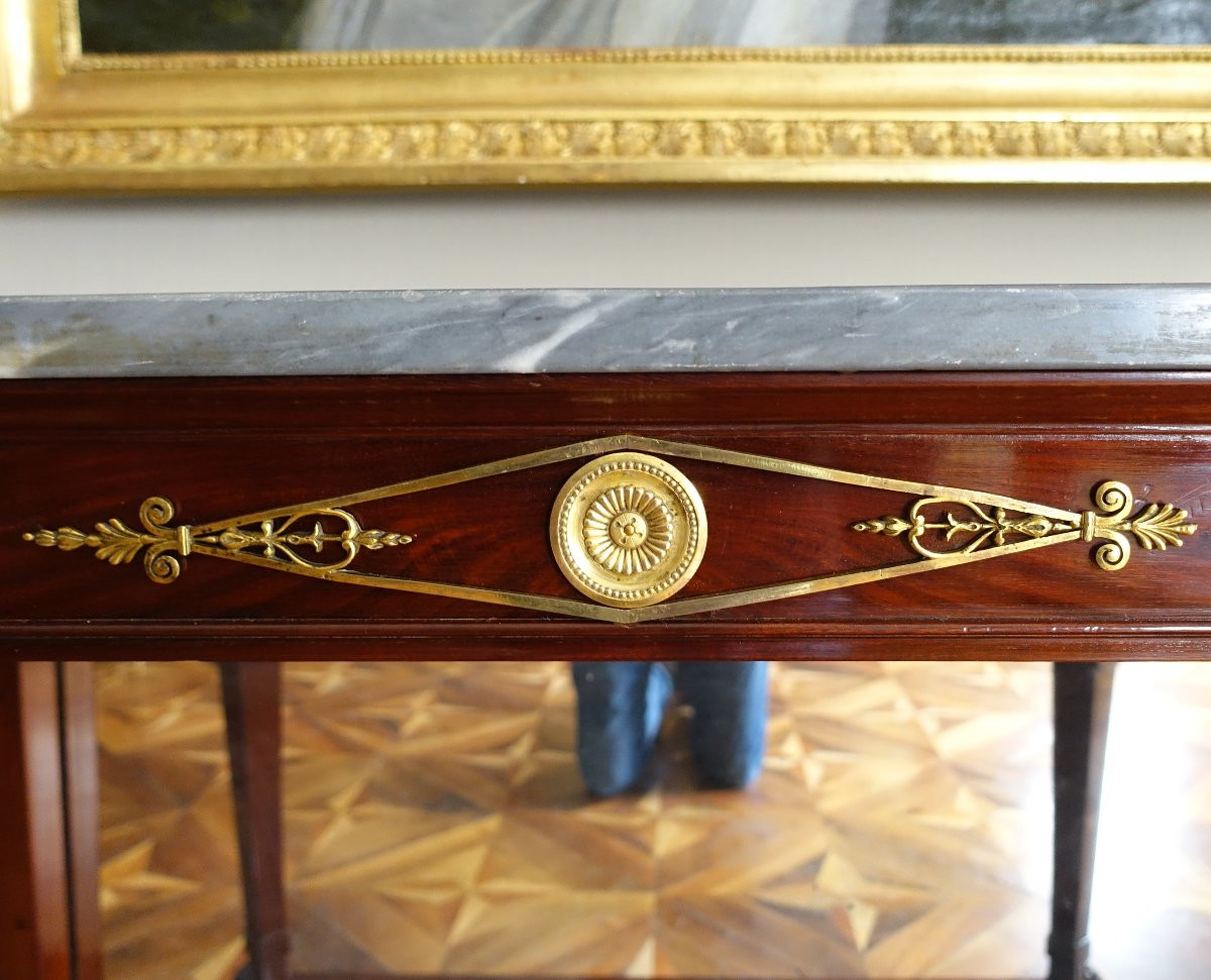   Consulate Period Console In Flamed Mahogany, Attributed To Molitor - Mercury Gilt Bronzes-photo-3