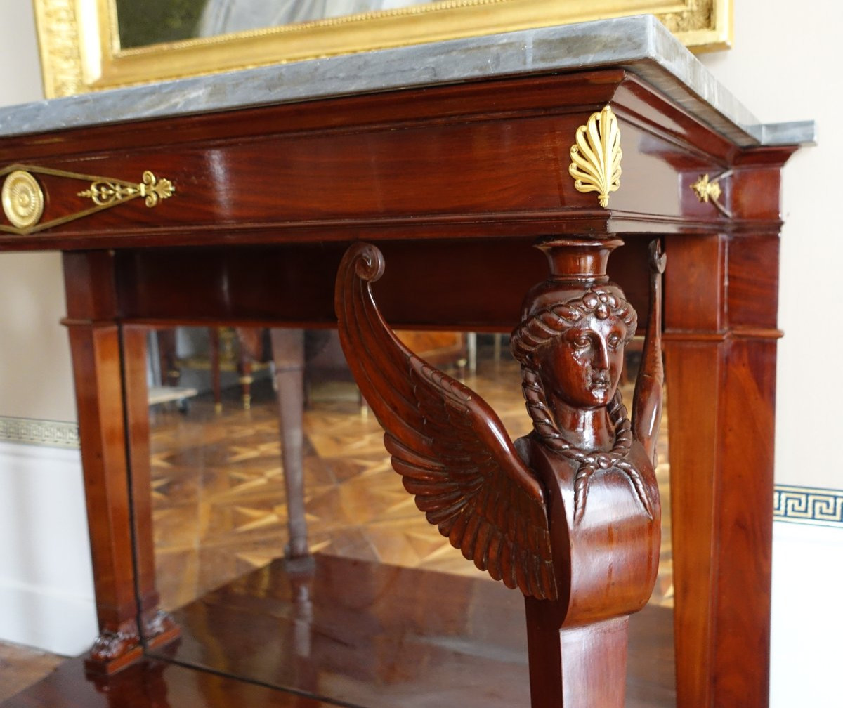   Console d'époque Consulat En Acajou Flammé, Attribuée à Molitor - Bronzes Dorés Au Mercure-photo-4