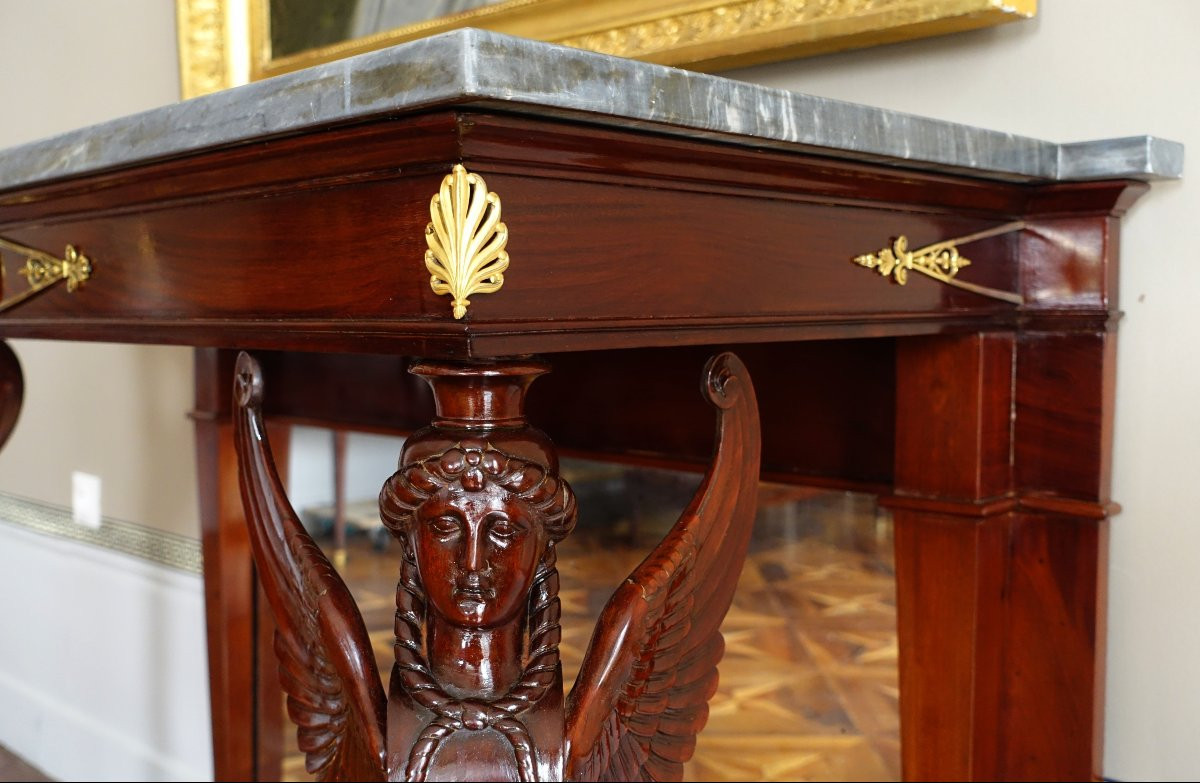   Consulate Period Console In Flamed Mahogany, Attributed To Molitor - Mercury Gilt Bronzes-photo-6