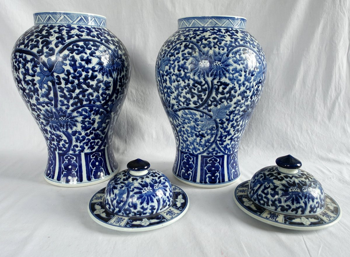 Paire De Grandes Potiches En Porcelaine Bleu De Hué - Chine 44cm-photo-2