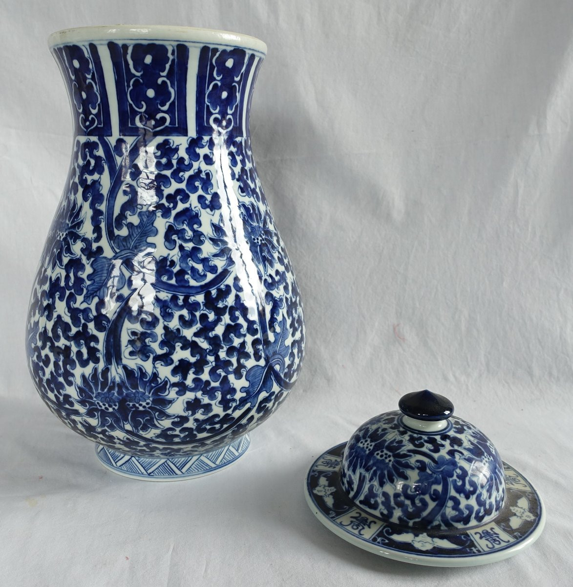 Paire De Grandes Potiches En Porcelaine Bleu De Hué - Chine 44cm-photo-2