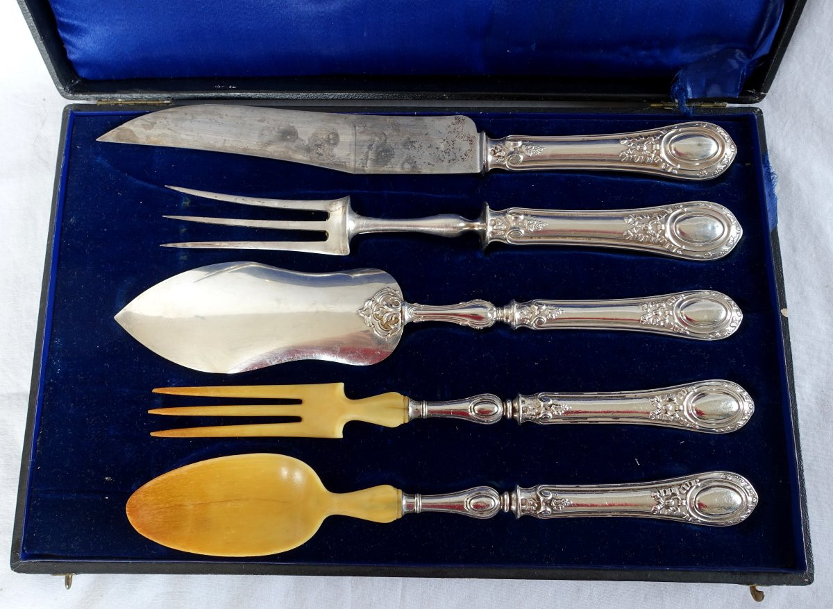 Napoleon III Serving Cutlery Set In Solid Silver And Ivory, Minerva Hallmark-photo-2