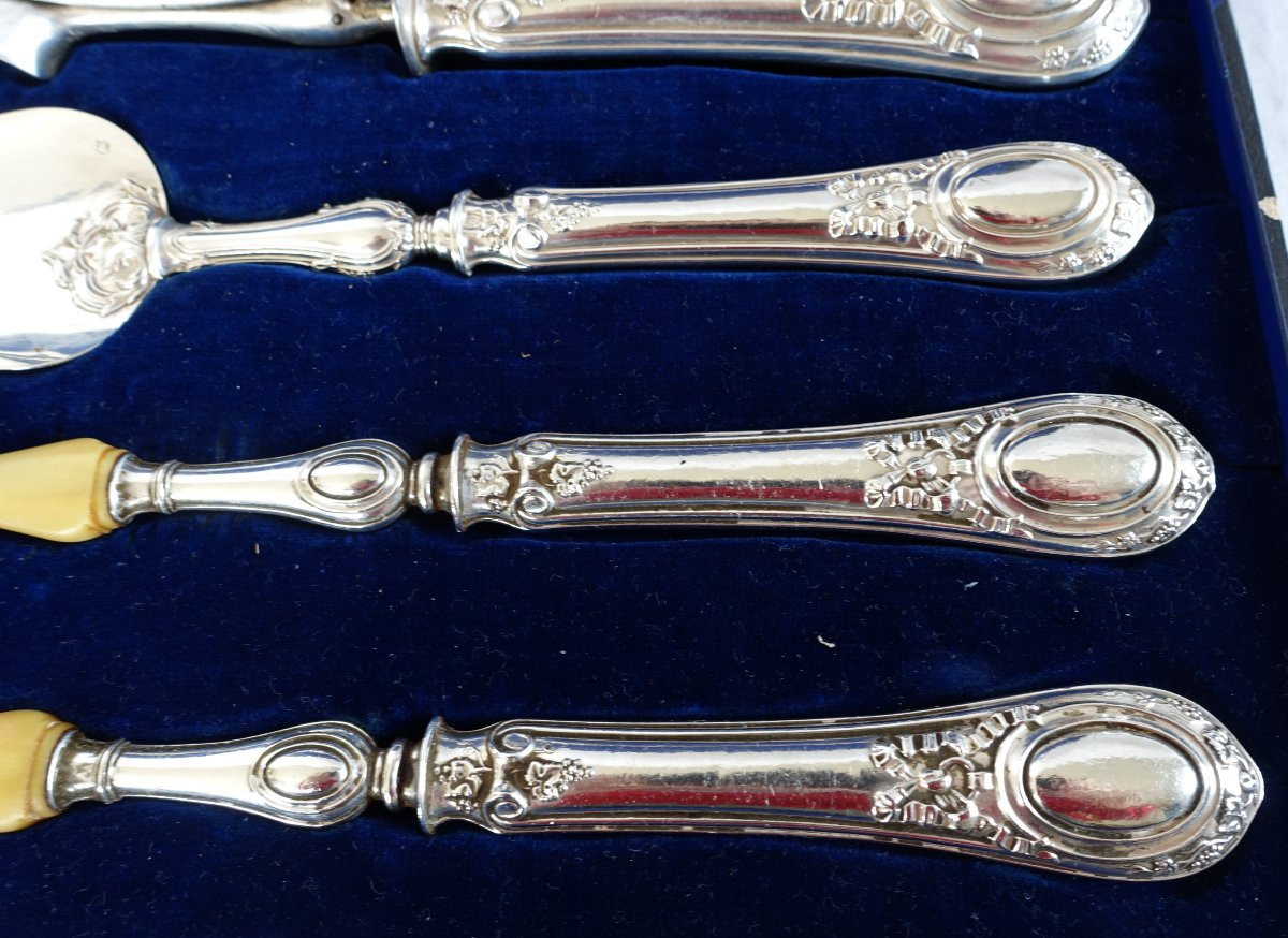 Napoleon III Serving Cutlery Set In Solid Silver And Ivory, Minerva Hallmark-photo-3