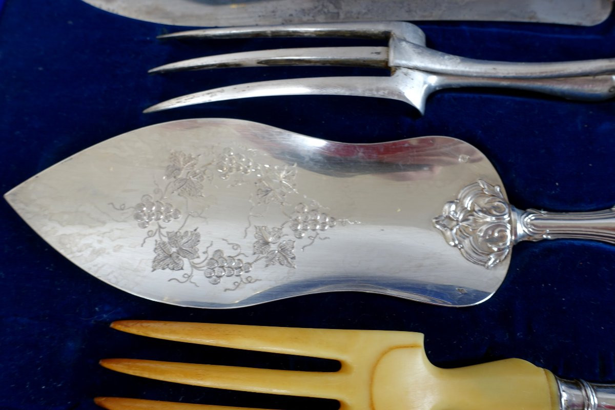 Napoleon III Serving Cutlery Set In Solid Silver And Ivory, Minerva Hallmark-photo-4