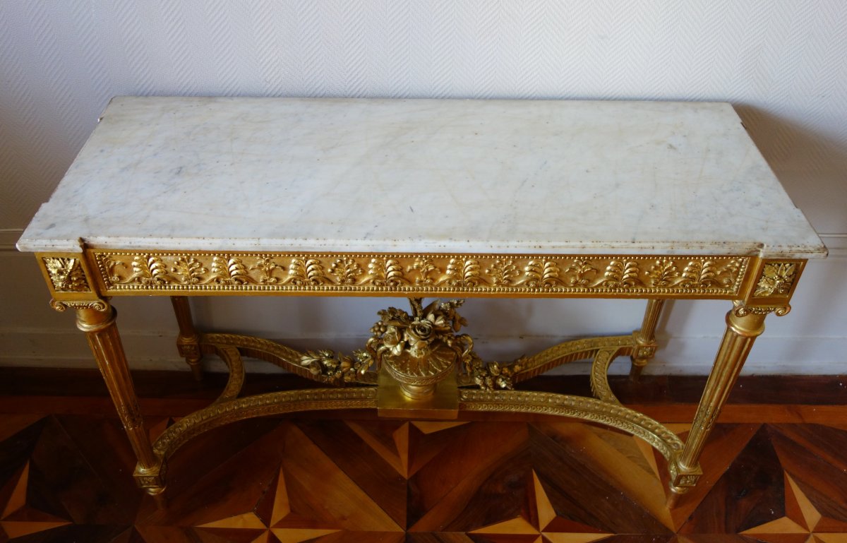 Importante Console En Bois Sculpté Et Doré d'époque Louis XVI Attribuée à Georges Jacob-photo-5