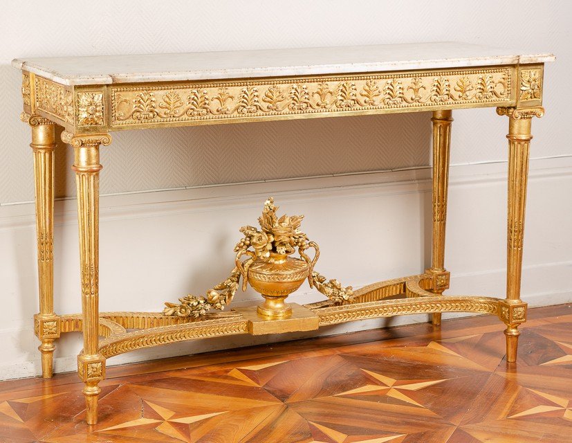 Importante Console En Bois Sculpté Et Doré d'époque Louis XVI Attribuée à Georges Jacob