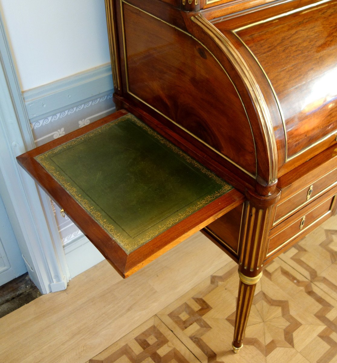 Bureau Cylindre Bibliothèque à Cartonniers En Acajou d'époque Louis XVI, Vernis Au Tampon-photo-4