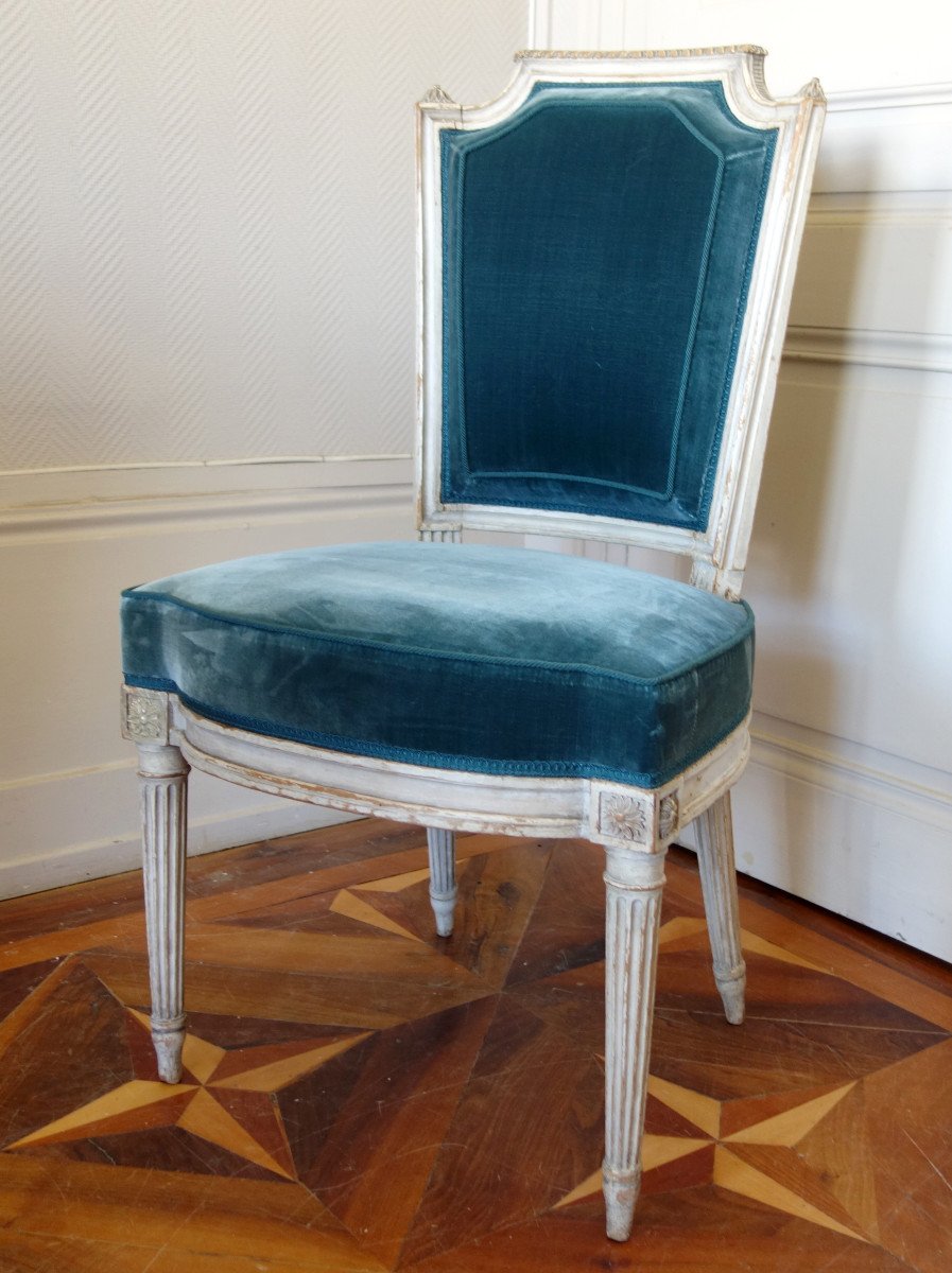 Pluvinet : 4 Chaises De Salon d'époque Louis XVI Estampillées - Velours De Soie-photo-2