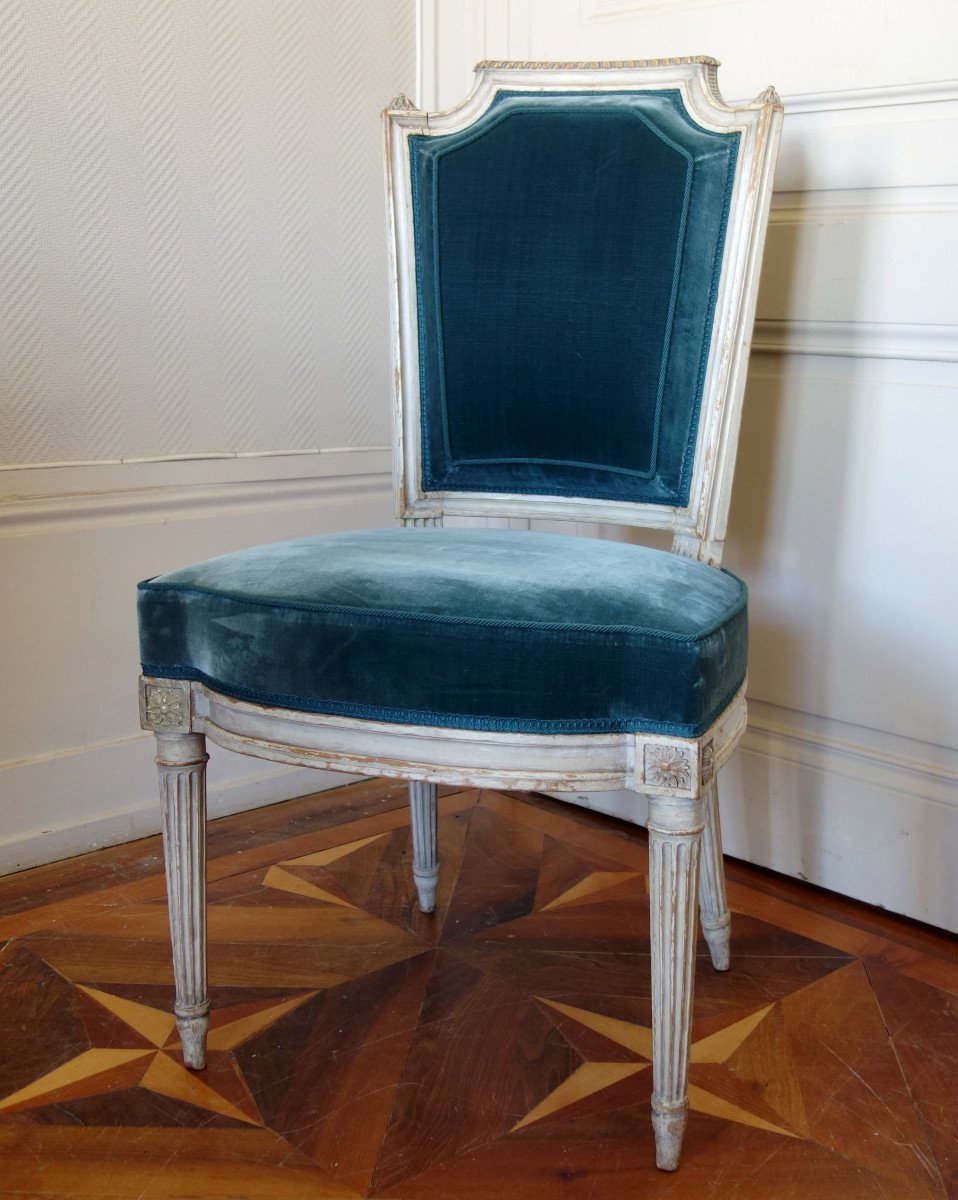 Pluvinet : 4 Chaises De Salon d'époque Louis XVI Estampillées - Velours De Soie-photo-3