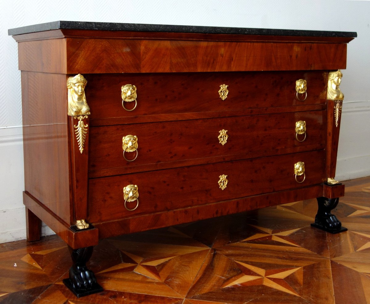 Mobilier De Chambre d'époque Consulat - Commode Et Secrétaire En Acajou Moucheté Et Bronze Doré-photo-3