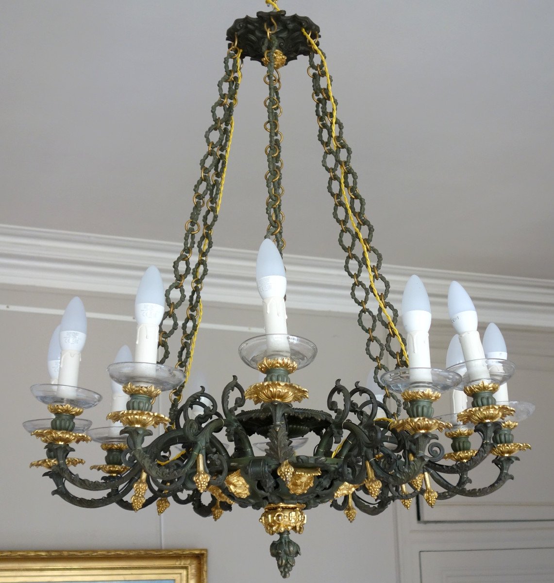 Large 12 Lights Patinated & Gilt Bronze Chandelier, Made For A Duke, Early 19th Century Ca 1830-photo-3