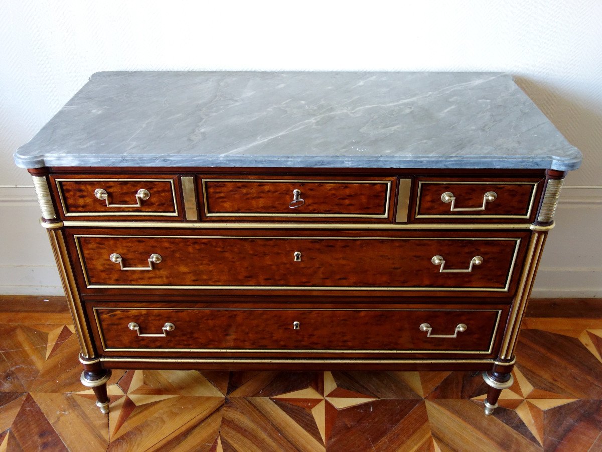 Louis XVI Directoire Commode In Speckled Mahogany, Turquin Marble And Trefoil Key - Late 18th-photo-1