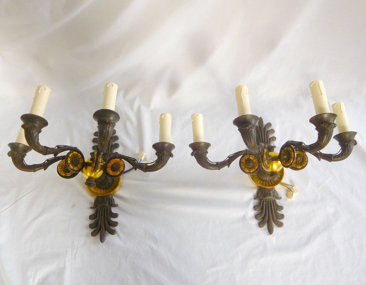 Pair Of Empire  Patinated And Gilt Bronze Sconces, Restoration Period Ca 1830-photo-2