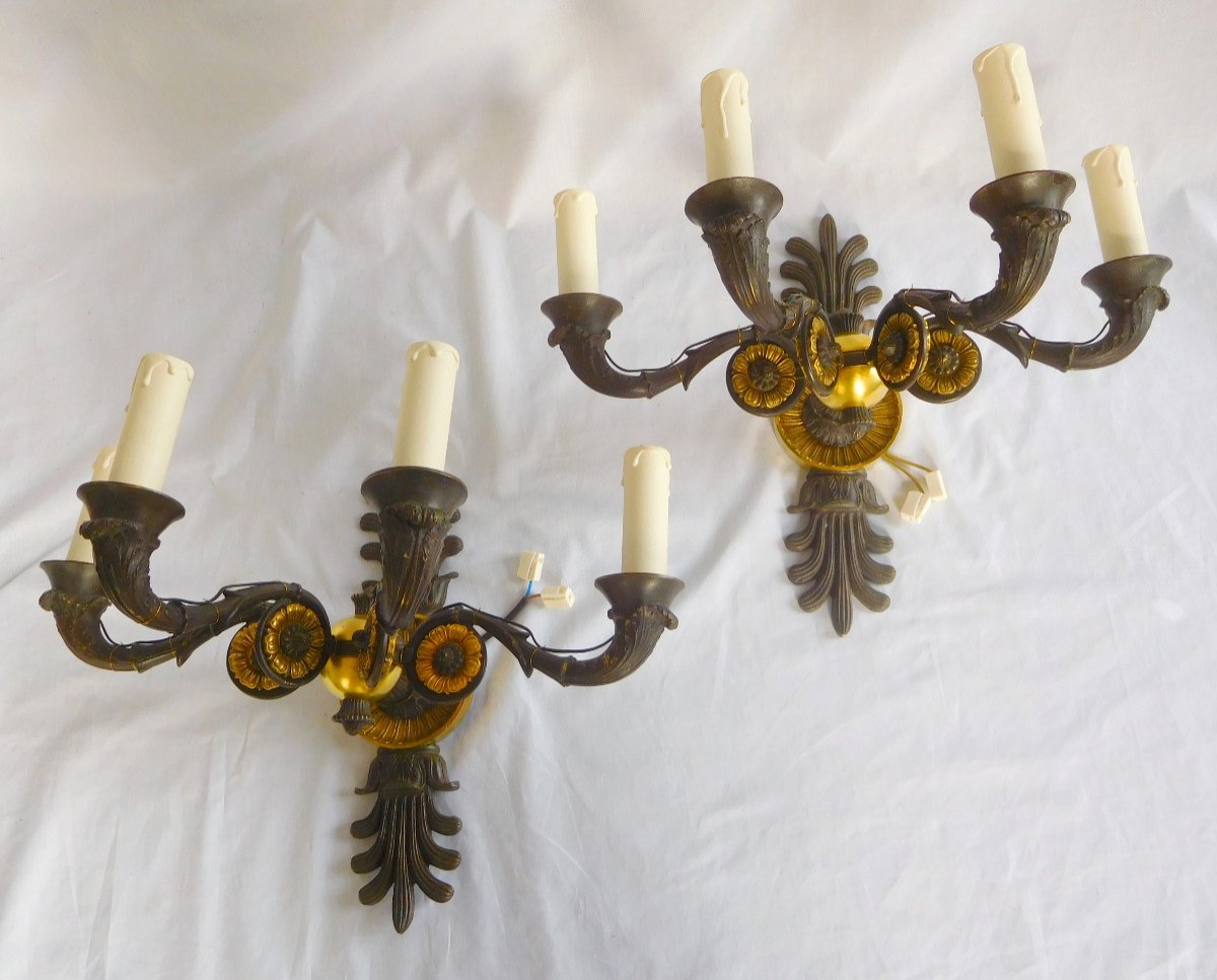 Pair Of Empire  Patinated And Gilt Bronze Sconces, Restoration Period Ca 1830