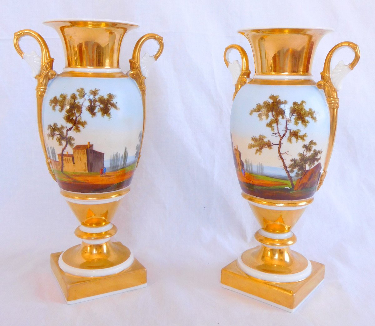 Pair Of Paris Porcelain Empire Vases - Revolving Italian Landscapes - 27cm -photo-2