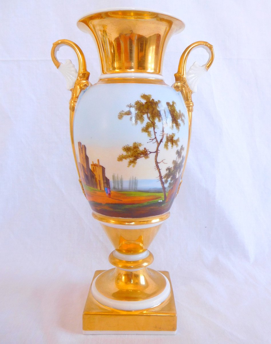 Pair Of Paris Porcelain Empire Vases - Revolving Italian Landscapes - 27cm -photo-1