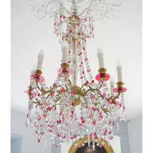 Baccarat - Rare Chandelier In Red And White Crystal - Louis XVI Style 19th Century