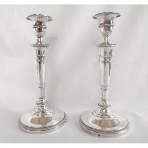 Pair Of Empire Candlesticks In Sterling Silver, Restoration Period - Old Man Hallmark