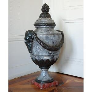 Large Covered Urn, Louis XVI Style Ornamental Vase - Patinated Marble-style Cast Iron - 79cm
