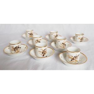 Brussels Porcelain Coffee Set : 8 Coffee Cups, Fine Gold And Polychromatic Birds Circa 1800