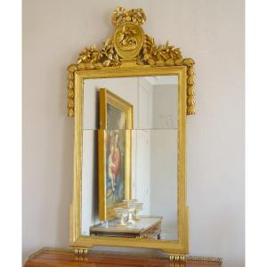 Grand Miroir Aux Fables De La Fontaine : Le Renard & La Cigogne - Bois Doré d'époque Louis XVI