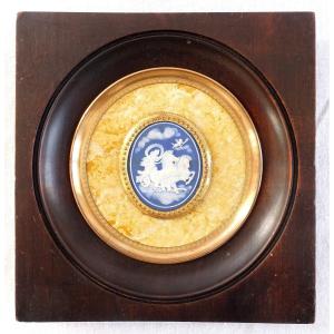 Miniature Scène Mythologique Le Char De Venus Wedgwood Bleu Sur Fond Faux Marbre Jaune - 19e S
