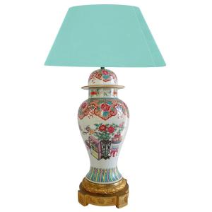 Potiche Lamp In Chinese Porcelain, Famille Rose And Gilt Bronze Napoleon III Period