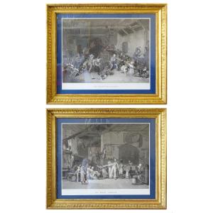 Pair Of Empire Engravings: La Main Chaude And Colin Maillard Golden Wood Frames 72.5 X 62.5cm