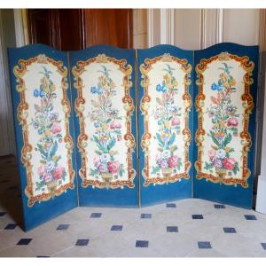 The Attics Of A Château - Painted Canvas Screen From The Napoleon III Period - Louis XV Style 19th