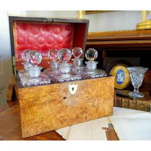 Cave à Liqueur Empire Restauration En Loupe Et Cristal Du Creusot, Intérieur Maroquin Rouge