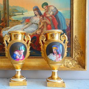 Pair Of Tall Empire Paris Porcelain Vases, Fauveau Manufacture - Early 19th Century - 36cm