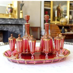 Baccarat - Liqueur Service In Ruby Red And Gold Crystal, Fluted Model Paper Label