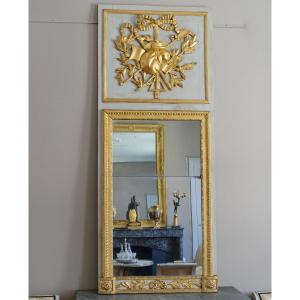 Trumeau provençal, Miroir d'Entre Deux d'époque Louis XVI - Doré Feuille d'Or, Glace Au Mercure