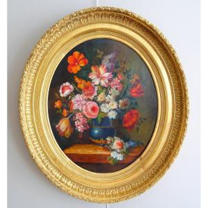 Ecole Du 18e Siècle, Suiveur De Vallayer Coster, Tableau De Fleurs Sur Un Entablement Hst 84x97